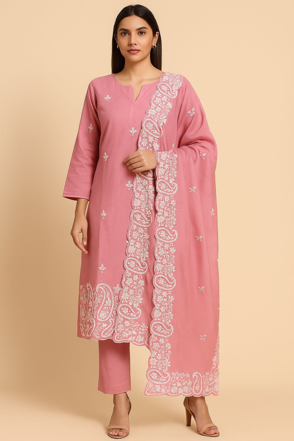 Pink Embroidered Cotton Kurta Se - KURTI PANT - Rever